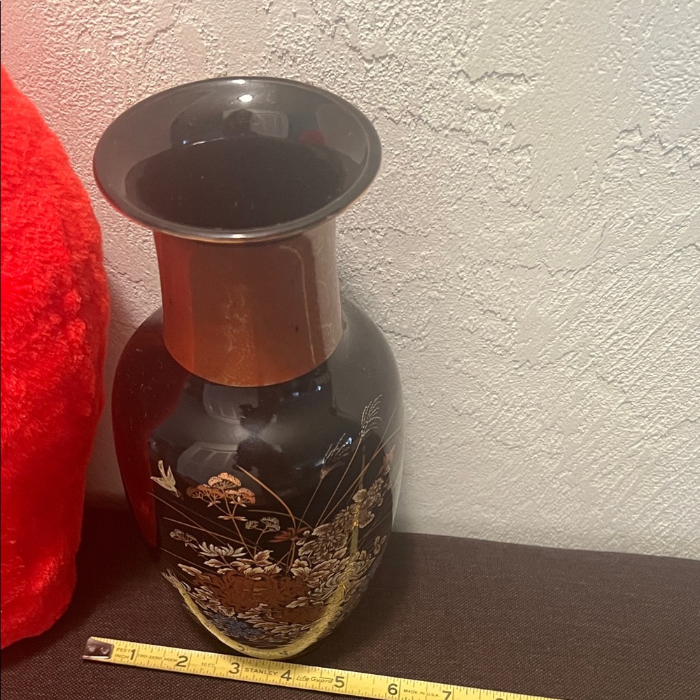 #1534** Elegant Japanese Black & Gold Accents Floral Black and Brown “10” Vase - Picture 6 of 12